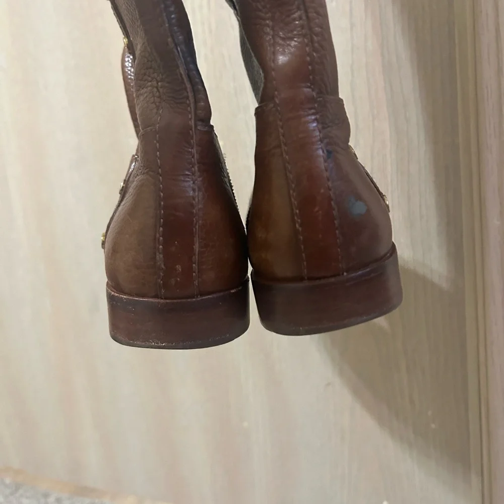 Tory Burch Mae Gold Studs Brown Pebble Leather Tall Riding Boots Women's Size 6